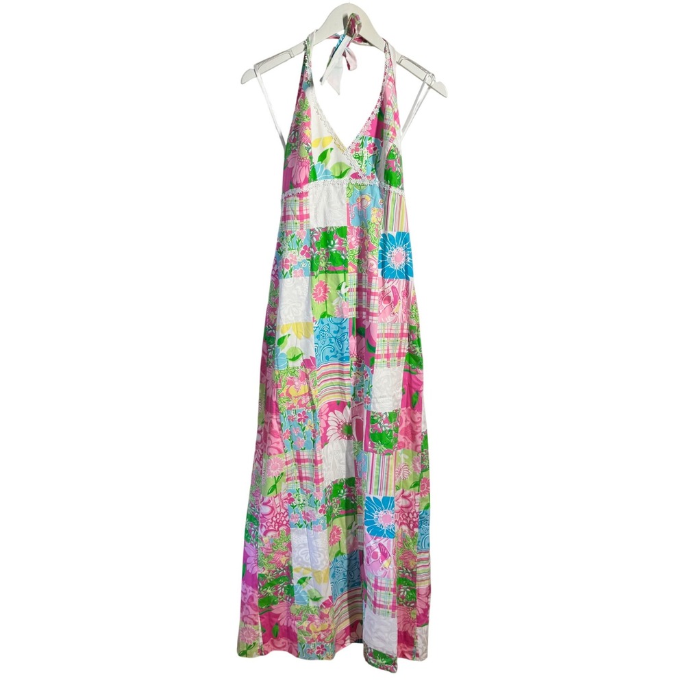 Vintage Lilly Pulitzer Pink Blue Patchwork Floral Halter Maxi Dress Lace Trim 4